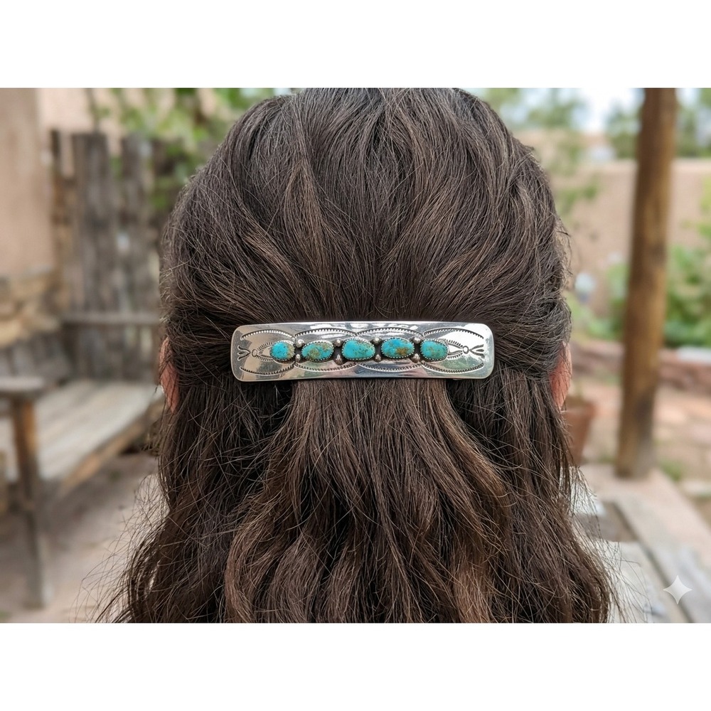 Navajo Style Turquoise Hair Barrette 4" Native American Hair Clip Handmade**